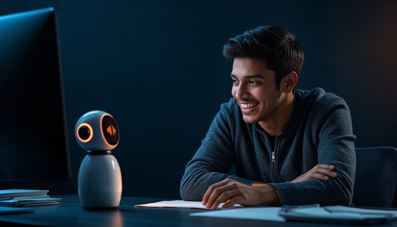 Confident young student smiling while speaking with a glowing AI practice assistant on his desk